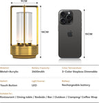 Portable Metal Table Lamp for Indoor/Outdoor ,Rechargeable Cordless LED Lamp, 3-Colour Infinitely Dimming Battery Powered Small Desk Lamp, Restaurant/Bedroom/Bar/Coffee Shop/Camping Light (Gold)