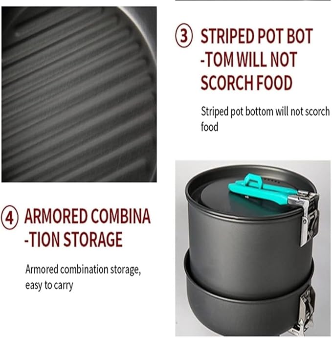 Camping Campfire Utensils, Outdoor Camping Tableware Set Backpacking Picnic 2 Pot 1 Frypan Kettle Alumina Durable Cookware Backpacking Gear