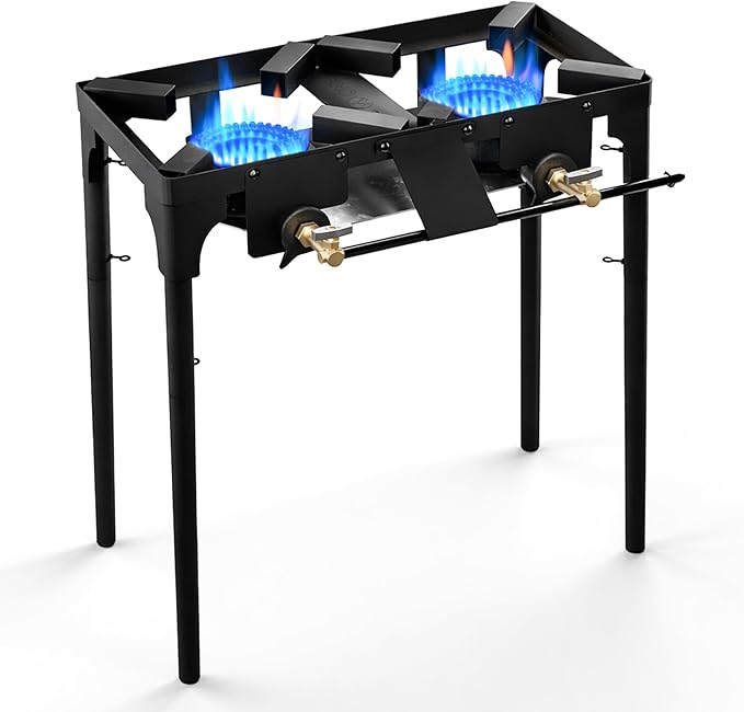 GasOne Double Propane Burner with Adjustable Height 4-Tier Removable Legs for Outdoor Cooking – High Pressure Camping Accessories Camp Stove – Cast Iron Portable Stove Top - Patent Pending