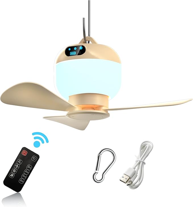 Camping Fan with Light & Remote, Portable Ceiling Fan for Tents, Canopy, Beach, RV, Car, Camper & Outdoor, Wireless Rechargeable Hanging Pop Up Tent Fans - 3 Speed Breeze & Timer