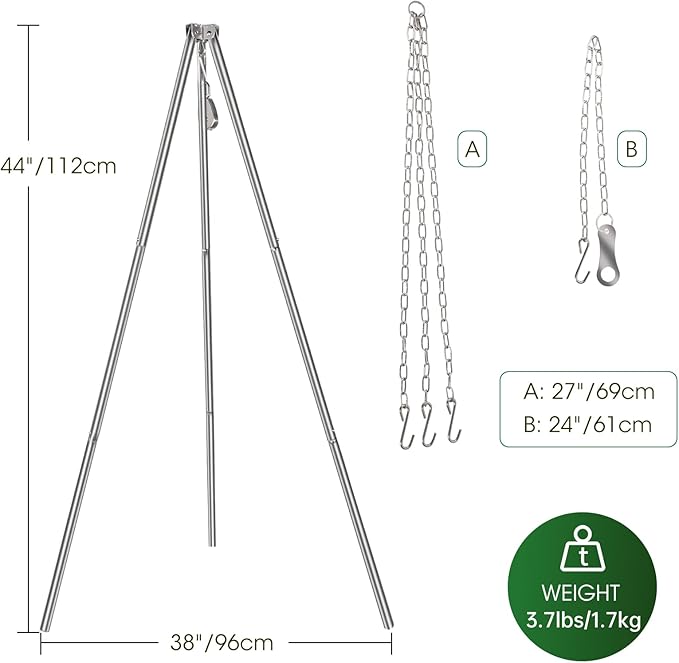 Lineslife Campfire Tripod for Cooking, 44 Inch Lightweight Stainless Steel Adjustable Camping Tripod with Chain, Portable Folding Stand for Grill Dutch Oven BBQ & Outdoor Camping - Carry Bag