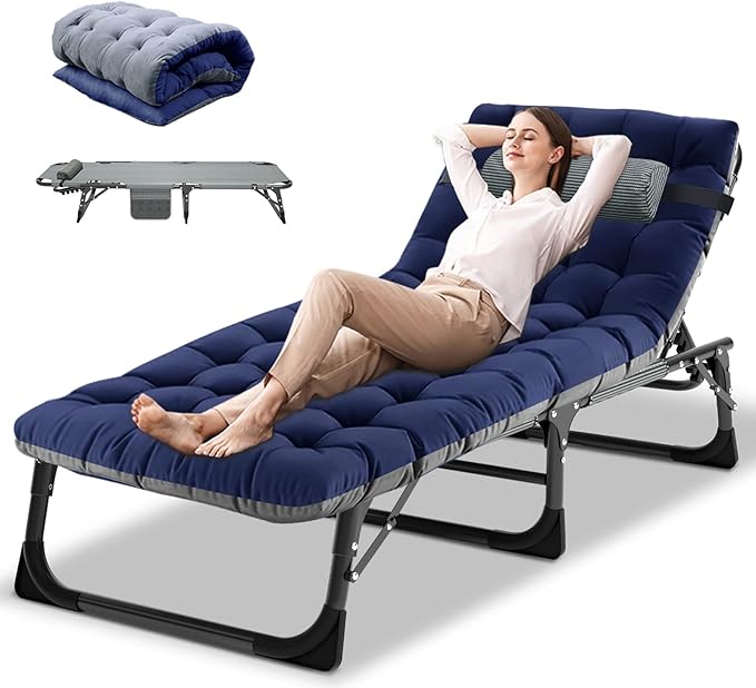 DoCred Folding Lounge Chair with Mattress, 5 Position Adjustable Folding Sleeping Bed Cot Chaise Lounge Chairs Perfect for Sunbathing, Camping, Pool, Beach, Patio