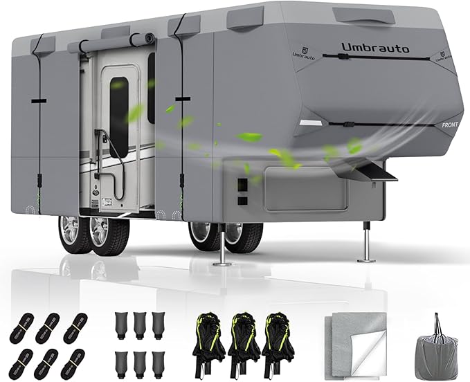 Umbrauto 5th Wheel RV Cover Fits 40-44ft Travel Trailer Motorhome, Extra-Thick Windproof Camper Cover with 6 Gutter Cover Adhesive Repair Patches, Ladder Cover