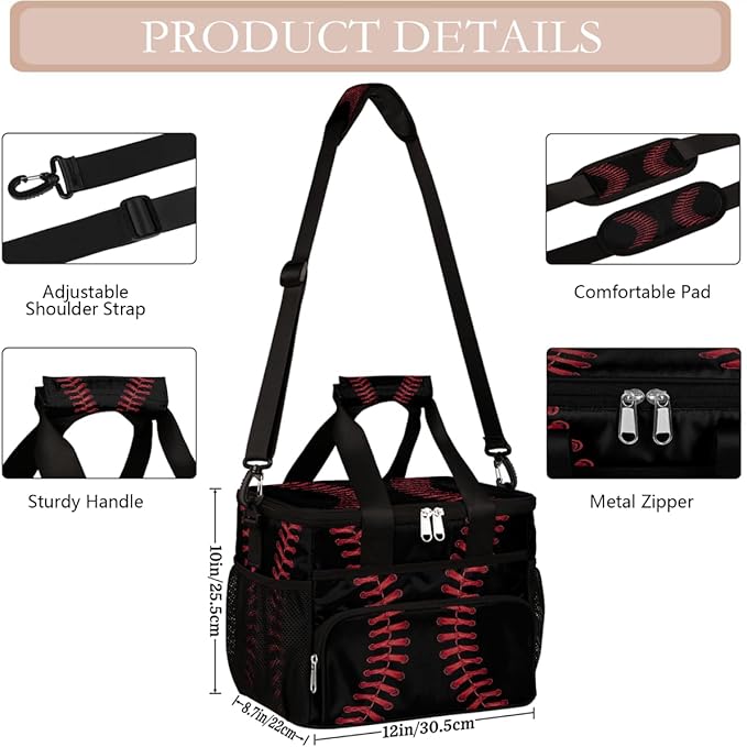 Black Baseball Stitches Laces Soft Cooler Bag Insulated Lunch Box for Men & Women, Large Leakproof Lunch Bag Portable Beach Cooler for Work, Picnic, Road Trips,Fishing, Travel, Camping,A-4