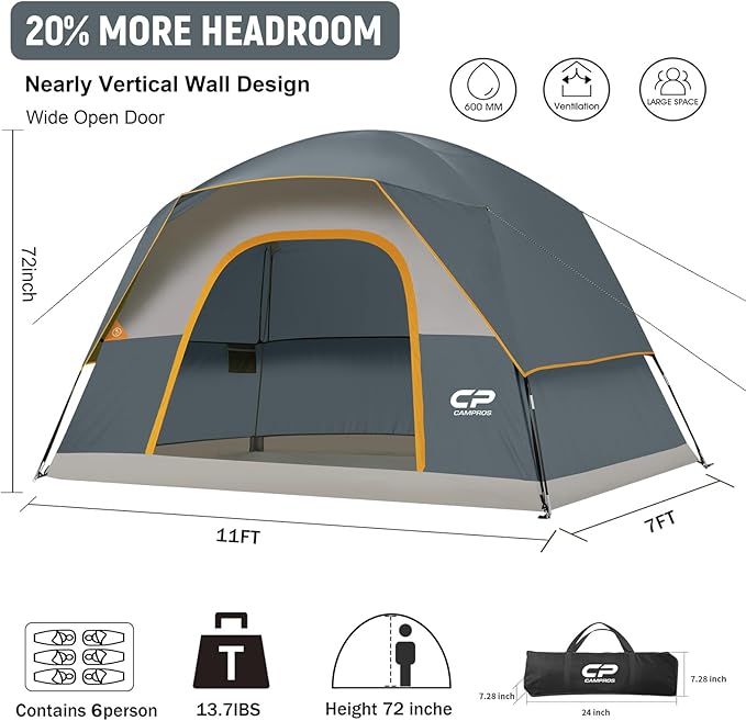 Tents for Camping 6 Person Tent Waterproof Windproof Double Layer Family Camping Tent, Easy Setup Dome Tent with Large Mesh Windows & Wider Door for Outdoor Camping & Hiking