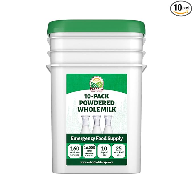 Valley Food Storage Whole Milk Powder | Contains Vitamin A & Vitamin D | Powdered Milk Long Term Storage, 25 Year Shelf Life | Camping Food, Backpacking Meals, Prepper Supplies & Survival Food (10 Bags + Bucket)