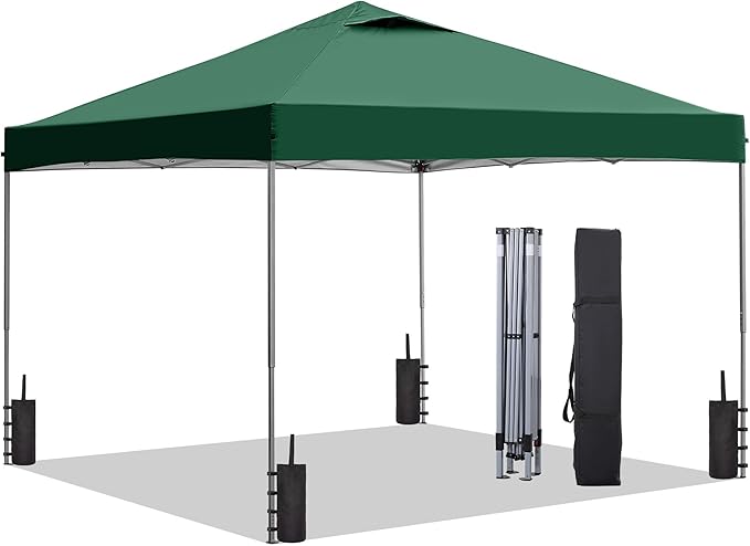 GDY 10x10 Pop Up Canopy Tent with Vents, 3 Adjustable Height, Outdoor Canopy with 4 Sandbag,Patio Sun Shade for Events, Parties, Camping, (Green).
