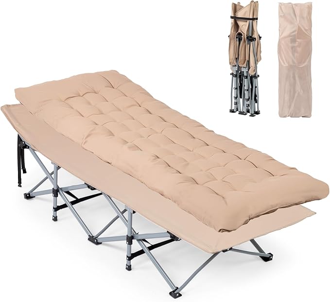 VINGLI Folding Camping Cot Bed,Camping Cots for Adults with Mattress, Foldable Cots for Sleeping with Pillow 1200D Layer Oxford for for Guest,Travel,Hiking-Brown 1P