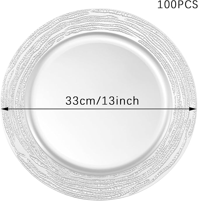 100 PCS Antique Charger Plates Bulk, 13'' Plastic Embossed Dinner Plate Chargers Round Floral Plates for Wedding Decorative Chargers for Table Dinner Kitchen Party Decoration (Silver)