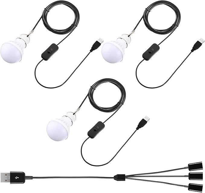 Tuanse 3pcs USB LED Light Bulbs Portable Camping Lights 5w with USB Splitter Cable 1 to 3, 8.2ft Extra Length Cord Tent Latern Outdoor Emergency Bulb for Garage Warehouse Truck Fishing Warm White
