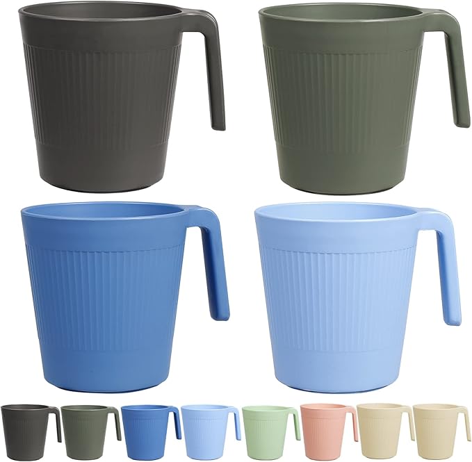 Ribbed Drinking Glasses Coffee Mugs Set of 8, Plastic Coffee Cups 16.9 OZ Unbreakable Tumblers with Handle, Reusable Drinking Cups for Camping/Dorm/RV