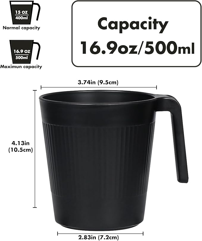 Ribbed Drinking Glasses Coffee Mugs Set of 8, Plastic Coffee Cups 16.9 OZ Unbreakable Tumblers with Handle, Reusable Drinking Cups for Camping/Dorm/RV