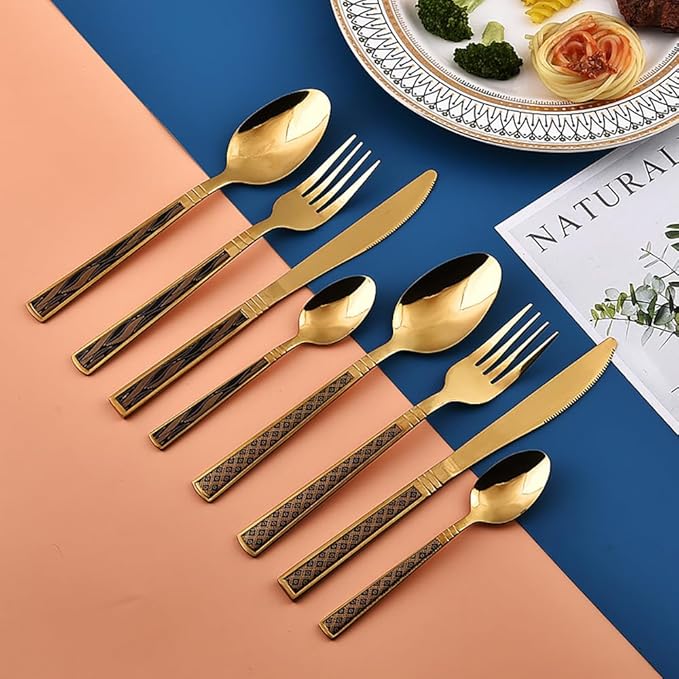Gold Carved Handle Kitchen Utensils Set for 16 Personer Silverware Set Spoons and Forks Set Flatware Set Mirror Effect Cutlery, Integral Molding for Daily Household Use & Camping, 64-Pcs