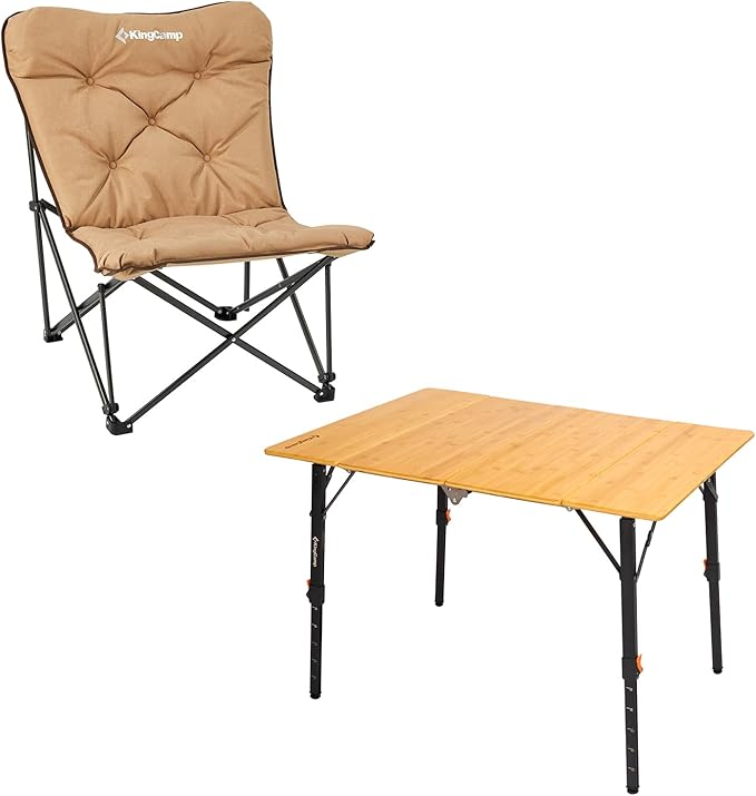 KingCamp Padded Oversized Camping Chair and Bamboo Folding Table 4-Fold Portable Camping Table with Visual Adjustable Height Aluminum Legs,Outdoor Lightweight Camp Tables with Carry Bag