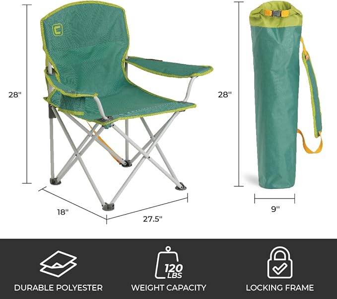CORE Youth Quad Chair | Folding Chair with Cupholder for Indoor Home or Outdoor Camping | Perfect for Concert Seat, Sports, Beach, Travel & Picnic (Green)
