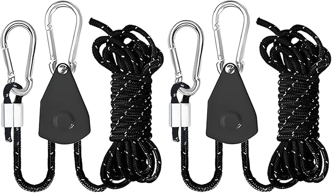 CONBOLA Camping Rope 1/8" Adjustable Rope Hanger & Pulley System with Metal Gear Heavy Duty Ratchet Tie Down Straps Camping Accessories for Tents, Tarps & Kayaks,Durable Paracord Rope for Grow Light.