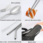 Portable Reusable Travel Utensils Silverware With Case, Camping Cutlery Set, Chopsticks and Straw, Flatware With Case, Stainless Steel Top (Silver)