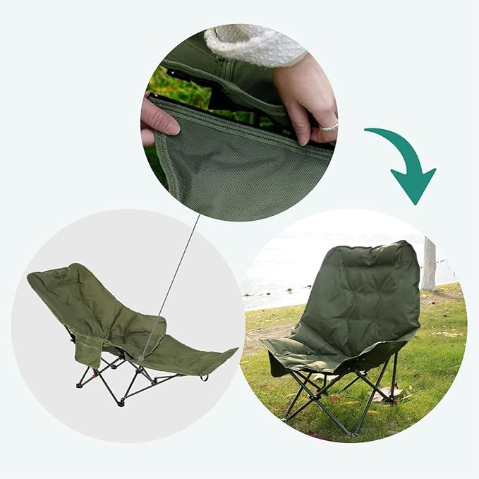 Dual Purpose Folding Camping Cot and Chair with Removable Footrest for Adults, Easy-to-Assemble Adjustable Sleeping Chair with Carry Bag for Fishing, Hiking, Travel, Home (Dark Green)