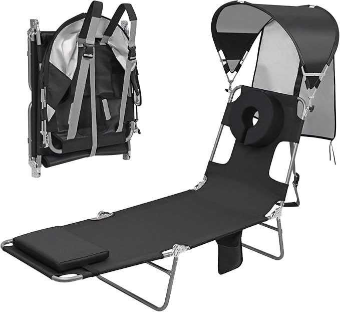 Backpack Beach Tanning Chair with UPF 50+ Canopy Sun Shade Face Hole, Folding Lounge Chair Reclining 6 Position for Adults Reading Sunbathing Outside Poolside Camping