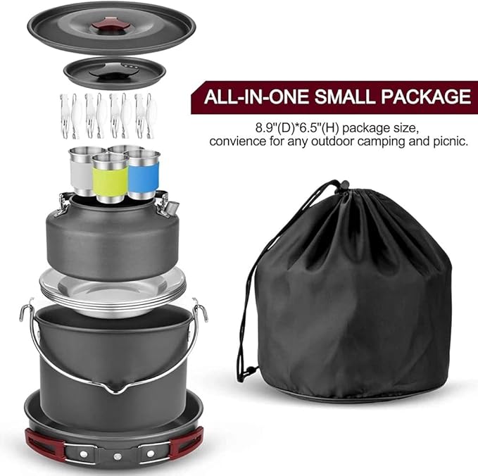 22pcs Camping Cookware Large Size Hanging Pot Pan Kettle with Base Cook Set 4 Cups Dishes Forks Spoons Kit for Camping Hiking