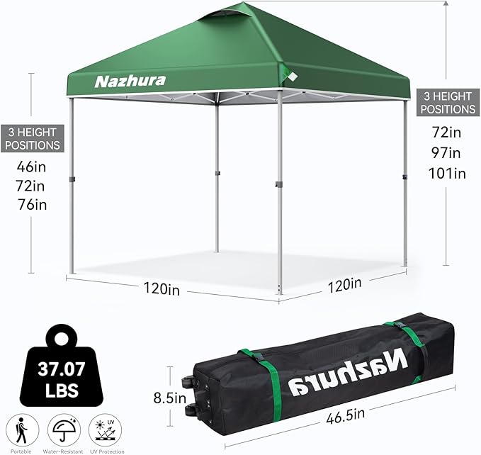 Nazhura 10' x 10' Pop Up Canopy Tent with Sand Weight Bag, Awing for Patio, Freestanding Sun Shelter for Picnic and Camping, One Person Setup, White (Green)