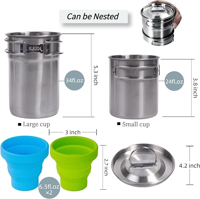 Foldable Camping Cups Mugs Camping Pot Cookware 304-Food-Grade Outdoor Camp Cooking Set with Vented lid,Stainless Steel Backpacking Cookware for Hunting