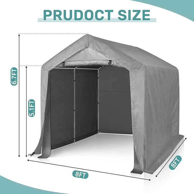 VINGLI Outdoor Portable Storage Shed, Heavy Duty Bike Tent with Roll-up Zipper Door, Waterproof and UV Resistent Carport for Motorcycle, Garden Tools and Firewood (Gray, 8x8x6.7 FT)