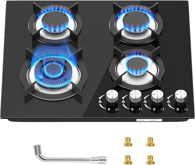 Gas Stove Top 4 Burner, Propane Gas Cooktop, LPG/NG Dual Fuel Convertible Stove Top with Thermocouple Protection, Built-in/Countertop