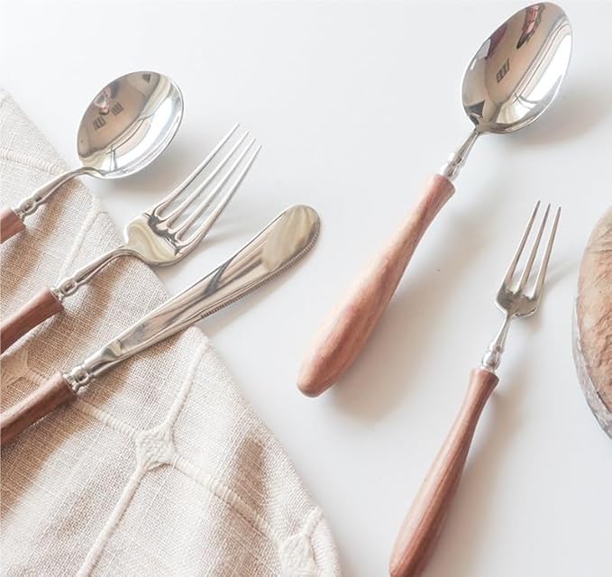 Silverware Flatware Cutlery Set， 6/24/36/48/60/72pcs Steak Knife and Fork Cutlery Wooden Handle Spoon Cutlery Set 304 Stainless Steel Dessert Fork and Spoon，Silver-48 Pieces for 8