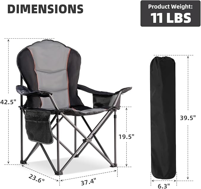 Large Camping Chair with Side Table Heavy Duty 500LBS - Folding Outdoor Chair with Cooler Bag (Black & Light Gray, 1 PCS)