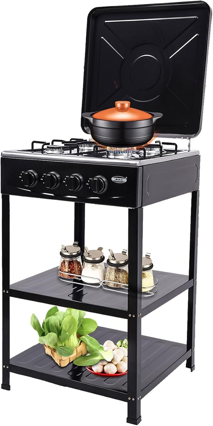 4 Burner Gas Stove Portable Outdoor Stove with Removable Storage Stand, Heavy Duty Stainless Steel Propane Gas Cooker with Wind Blocking Cover for Camping Picnic Home RV Cooking (no hose)