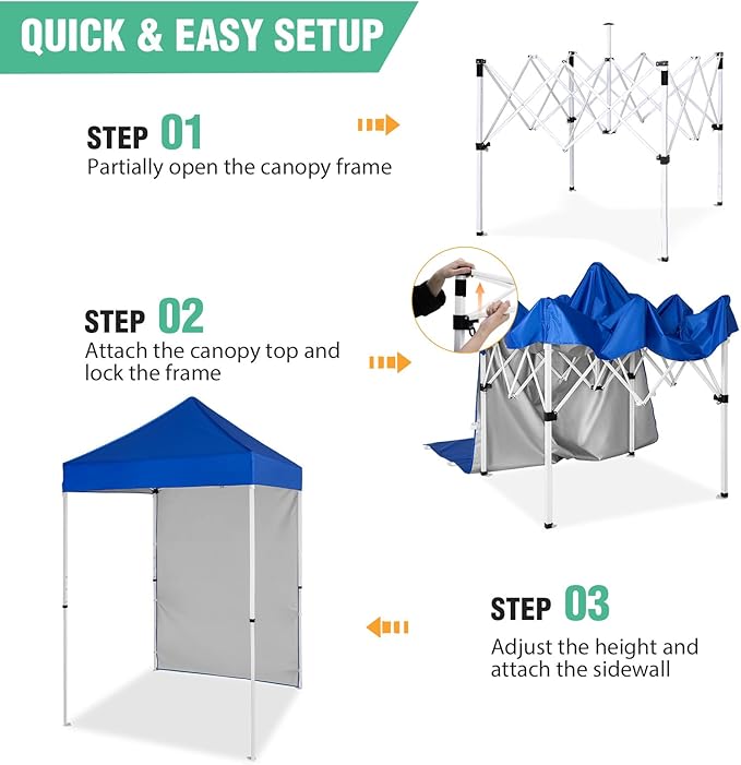5x5 Pop Up Canopy Tent with One Sidewall, Instant Portable Beach Canopy, Outdoor Tent with Carry Bag for Camping, Sports, Tailgating, Events, Blue