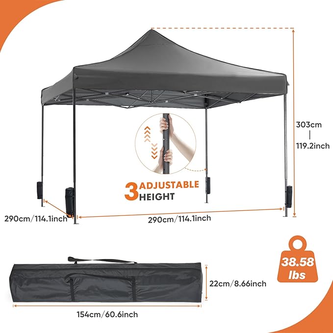 Sweetcrispy 10 x 10 Ft Pop Up Canopy Tent Outdoor Use, Portable Shade Waterproof Beach Tent with Sand Bags for Events Backyard Parties, Grey
