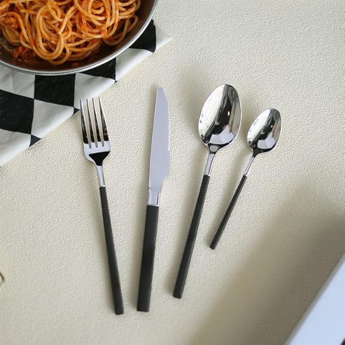 Stainless Steel Silverware Set, 32-Piece Retro Flatware Cutlery for Home & Hotel, Includes Steak Knives, Forks & Spoons, Elegant Tableware, Black Finish - 8 Sets Available