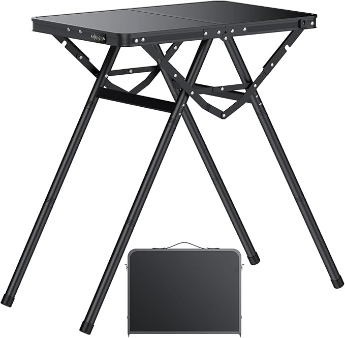 JiGiU Folding Camping Table Height Adjustable Aluminum Alloy Foldable Pinic Table 180lbs Capacity with Handle Stable Triangle Feet for Outdoor Indoor Hiking Camp BBQ Beach (Black, MDF Tabletop)
