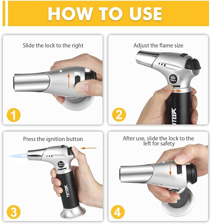 TBTEEK Butane Torch, Kitchen Torch Cooking Torch with Safety Lock & Adjustable Flame for Cooking, BBQ, Baking, Brulee, Creme, DIY Soldering(Butane Not Included)