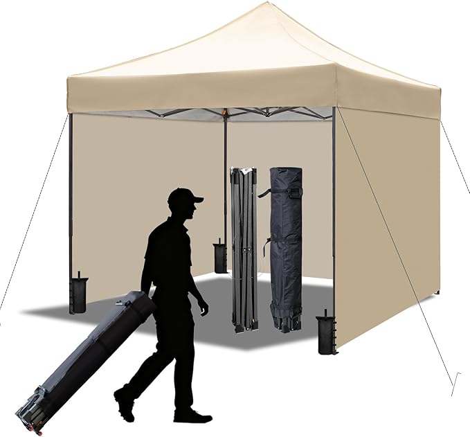 10x10 Durable Pop Up Canopy Tent with Sidewalls, Waterproof Attachable Tent Wall, Privacy Shade for Outdoor Events, Camping, Farmers Market (Khaki)
