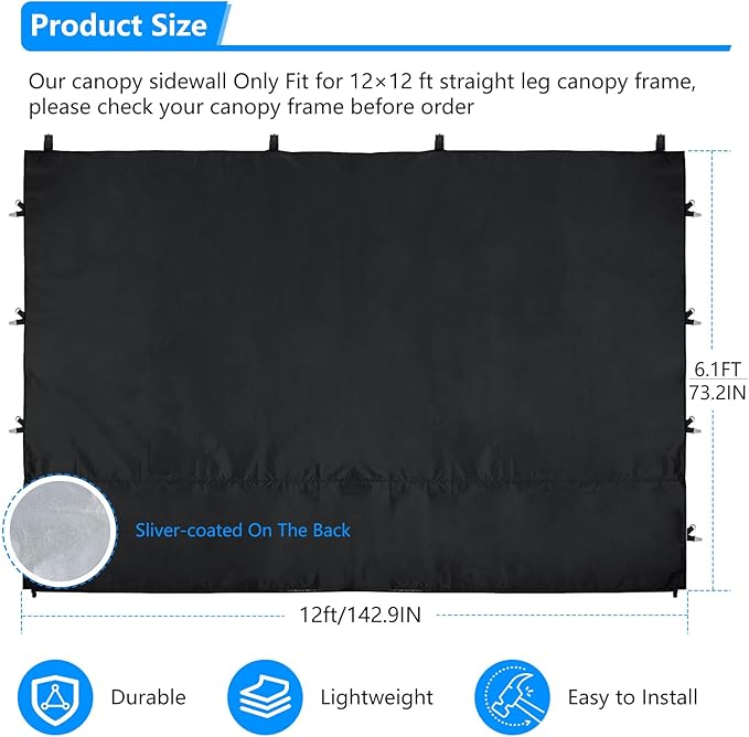 Joramoy Canopy Tent Sidewalls for 12×12 Pop Up Canopy, Instant Canopy SunWall with Waterproof and UV Protection Layer, Straight Leg Canopy Shade Wall, 1 Pack Sidewall Only(Black)