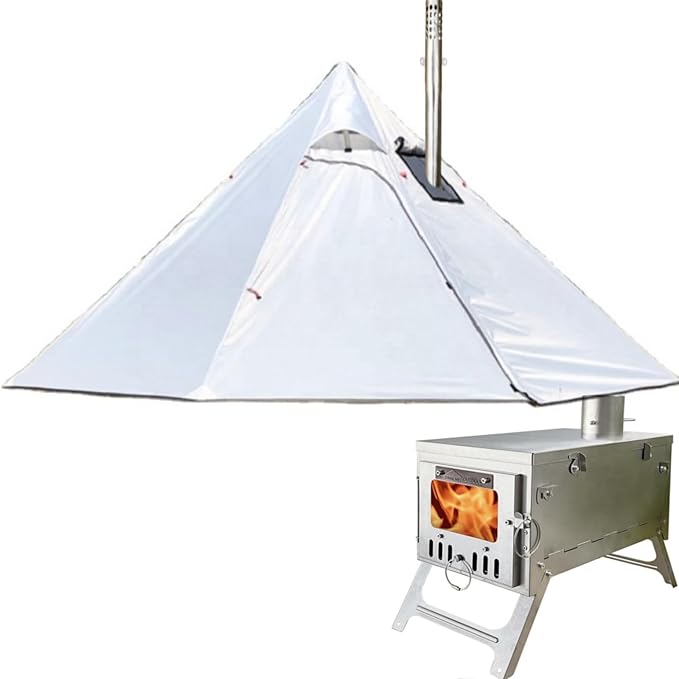DANCHEL OUTDOOR Backpacking Hot Tent w/Stove Jack, Portable Tipi Tent with T6 Titanium Folding Wood Stove for 1-4 Person Winter Camping Hunting,3m/4m