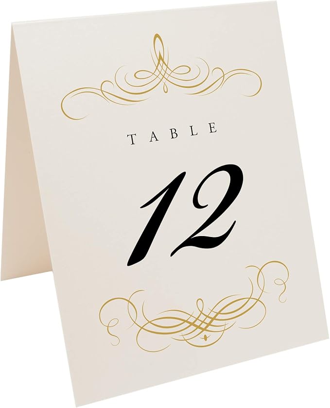 Decadent Flourish Wedding Table Numbers (Select Color/Quantity), Champagne, Gold, 1-30, Double Sided, Tent or Use in a Stand, Great for Parties & Restaurants - Made in the USA