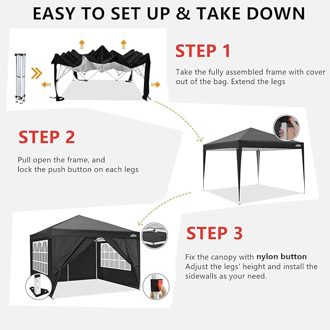 COBIZI 10x10 Pop up Canopy Tent Protable Canopy Tent with 4 Sidewalls Waterproof Commercial Instant Shelter for Parties, Wedding, Courtyard with Carry Bag(10x10FT with 4 Sides, Black)
