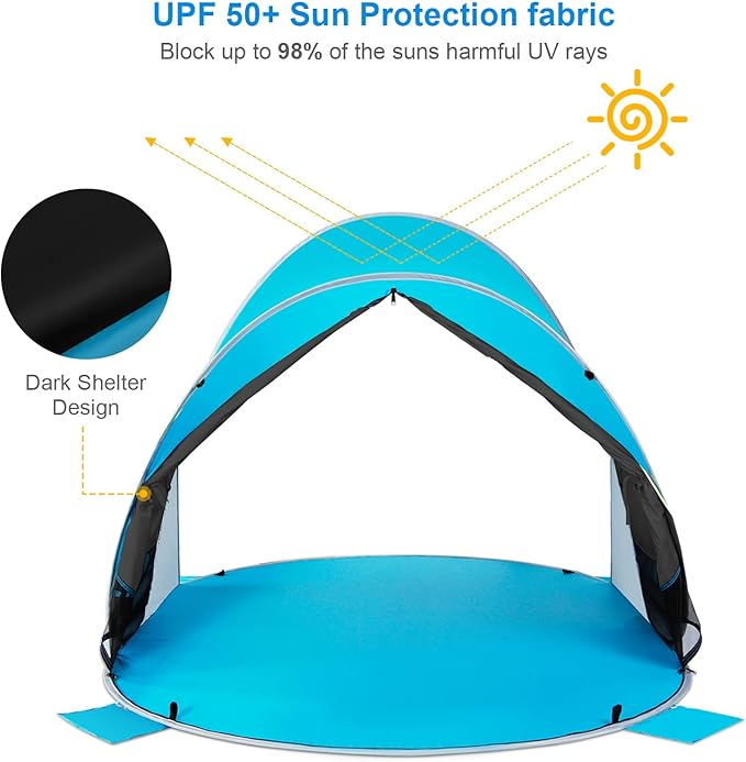Wolfwise Pop up Beach Tent Sun Shelter with UPF50+ UV Protection, Instant Easy Setup Popup Beach Shade Canopy for 3 Person, Portable & Foldable with Carring Bag, 87 ×57×47 in, Black Coating