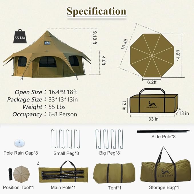 TOMOUNT Canvas Bell Tent Wall Tent with Stove Jack for Camping Glamping Yurt Dia.16.4ft*9.2ft