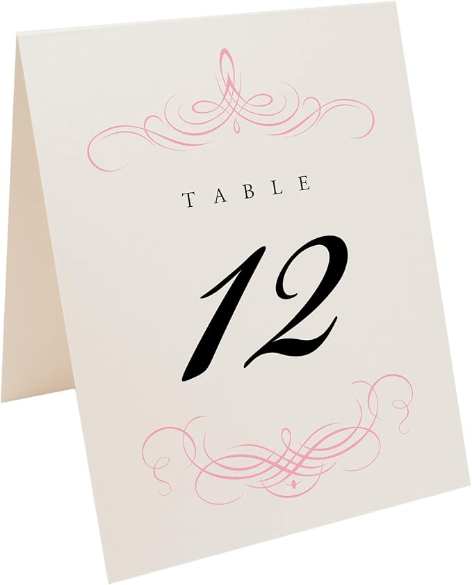 Decadent Flourish Wedding Table Numbers (Select Color/Quantity), Champagne, Pink, 1-45, Double Sided, Tent or Use in a Stand, Great for Parties & Restaurants - Made in the USA