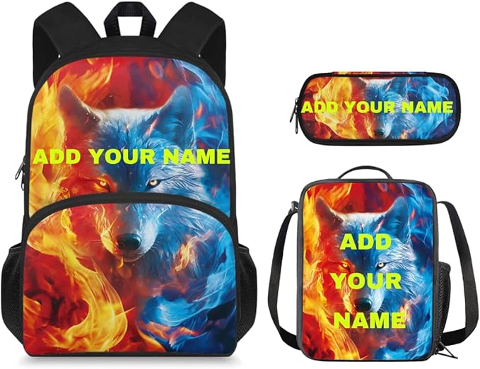 Ystardream Custom Wolf Backpack for Boys 10-12 Kids Backpack with Lunch Box Pencil Box Cool Student Backpack for Teenagers Primary School Backpack for School Travel Dance Sports Camping