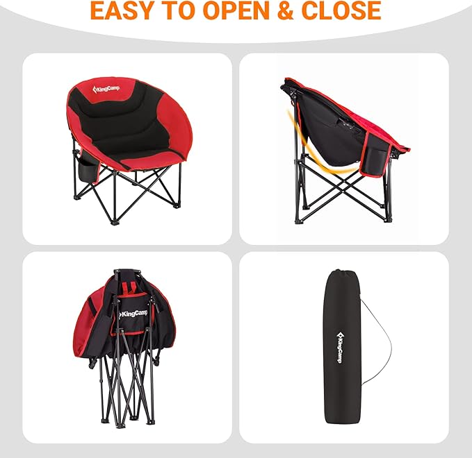 KingCamp Foldable Saucer Moon Lounge Chair with Cupholder Storage Pocket for Indoor Home or Outdoor Camping and Tailgating Use, Black/Red