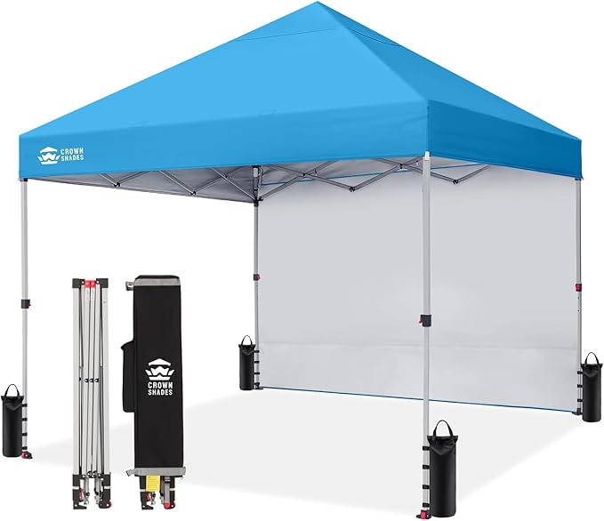 CROWN SHADES 8x8 Pop Up Canopy with 1 Side Wall - Beach Tent with One Push Setup - Outdoor Sun Shade for Events, Parties, Camping - Gazebo with STO-N-Go Cover Bag (Sky Blue)