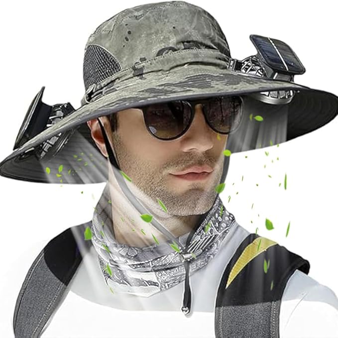 Solar Panel Powered Fan Built in Wide Brim Outdoor Fishing Hat USB Charging Men Ultralight Sun Bucket Mission Cooling Cap