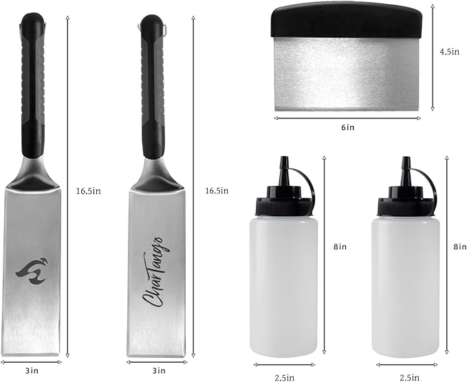 Blackstone Griddle Set 7-Piece w/2 Towels - 3mm Stainless Steel Spatulas, Scraper & Oil Bottles - Professional BBQ Tools for Blackstone/Camp Chef/Hibachi