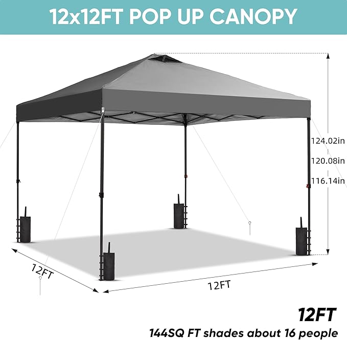 GDY 12x12 Pop Up Canopy Patio Carpas, One Push Set up with Central Lock Canopy with Wheeled Carry Bag, Included 4 Sandbaogs,8 Stakes and 4 Ropes, Gray